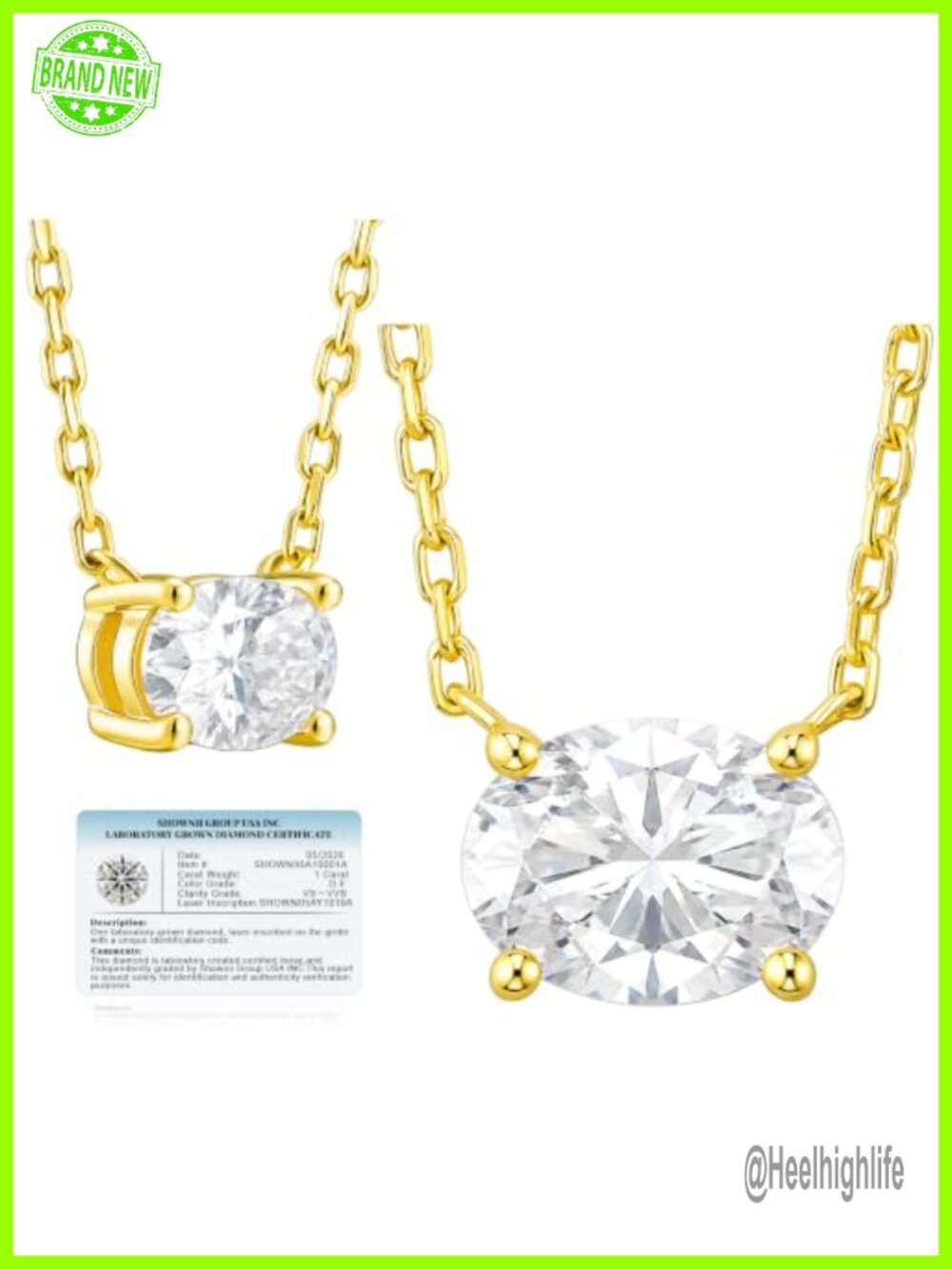 1CT Oval Lab Grown Diamond Solitaire Pendant Necklace 14k Gold Plated S925